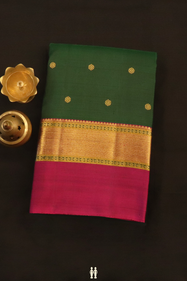 Kanchipuram Silk Saree In Dark Green With Zari Buttas