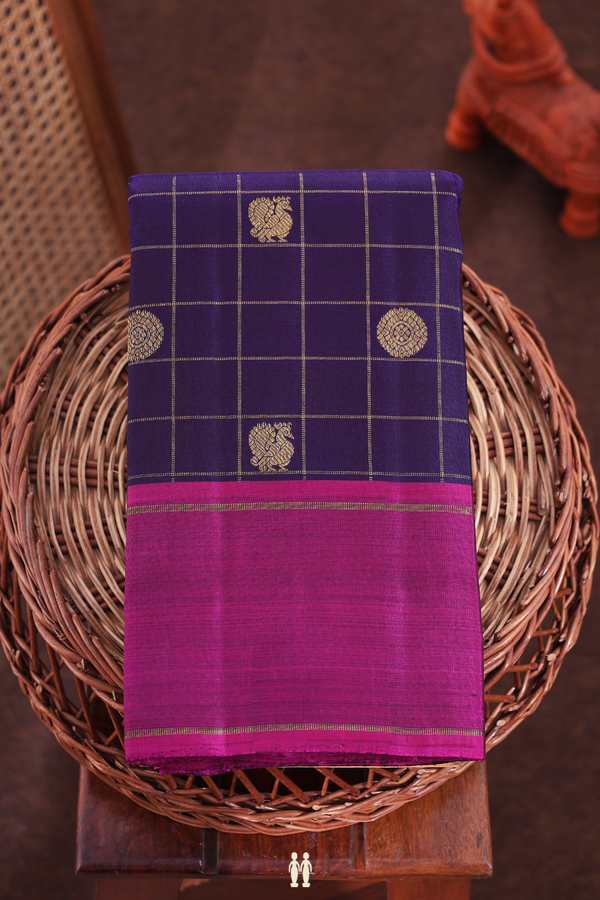 Kanchipuram Silk Saree Deep Purple With Checks Along Buttas