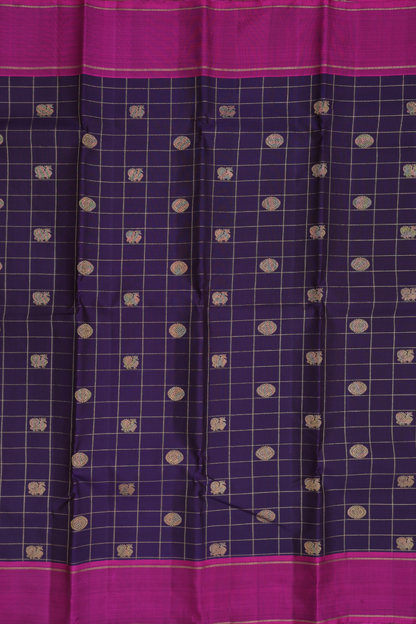Kanchipuram Silk Saree Deep Purple With Checks Along Buttas