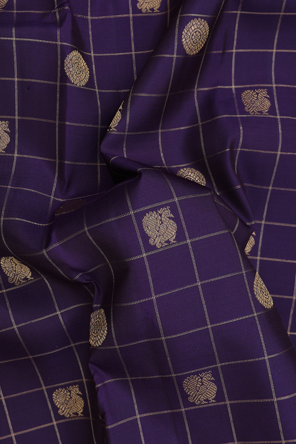 Kanchipuram Silk Saree Deep Purple With Checks Along Buttas