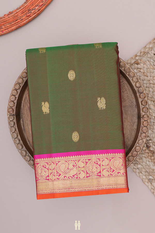 Kanchipuram Silk Saree Dual Tone With Peacock Chakram Buttas
