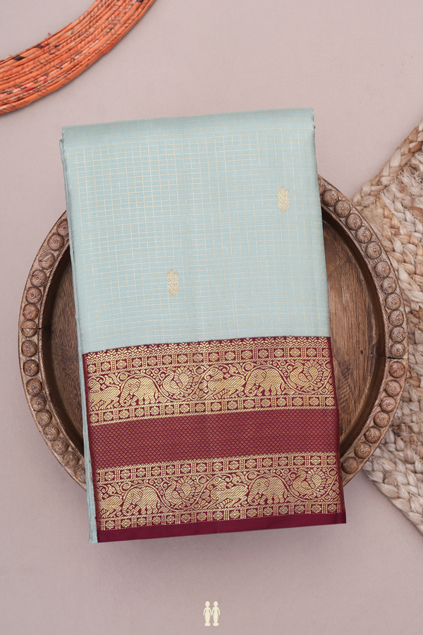 Kanchipuram Silk Saree Dusty Green Along Checks With Buttas