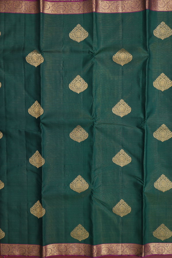 Kanchipuram Silk Saree Forest Green Along Stripes With Buttas