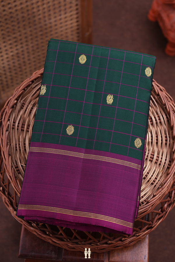 Kanchipuram Silk Saree Forest Green With Checks Along Buttas