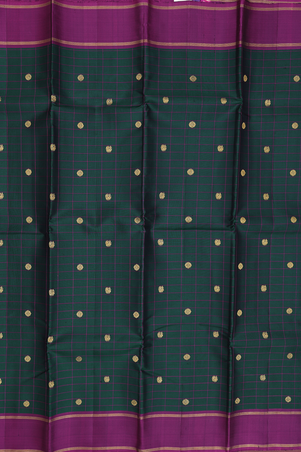 Kanchipuram Silk Saree Forest Green With Checks Along Buttas