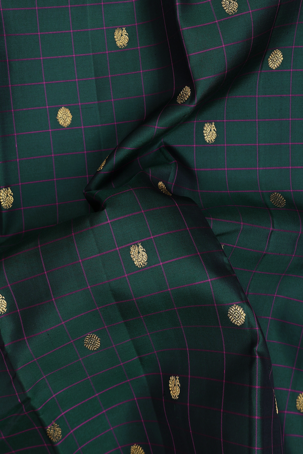 Kanchipuram Silk Saree Forest Green With Checks Along Buttas