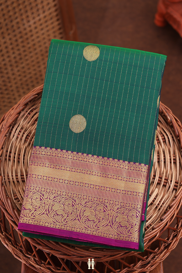 Kanchipuram Silk Saree Forest Green With Stripes Along Buttas