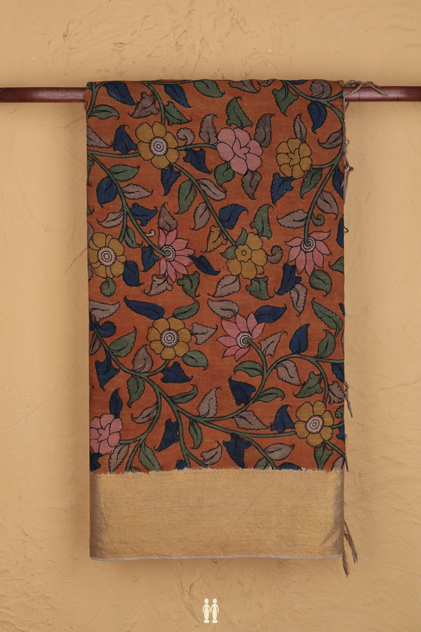 Kanchipuram Silk Saree Ginger Orange With Floral Hand Painted