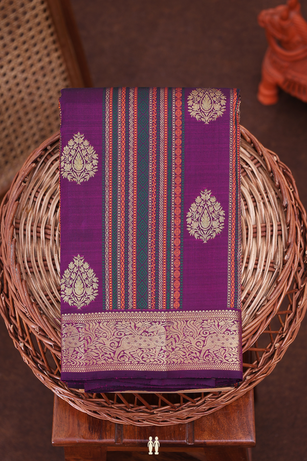 Kanchipuram Silk Saree Grape Purple With Stripes Along Buttas