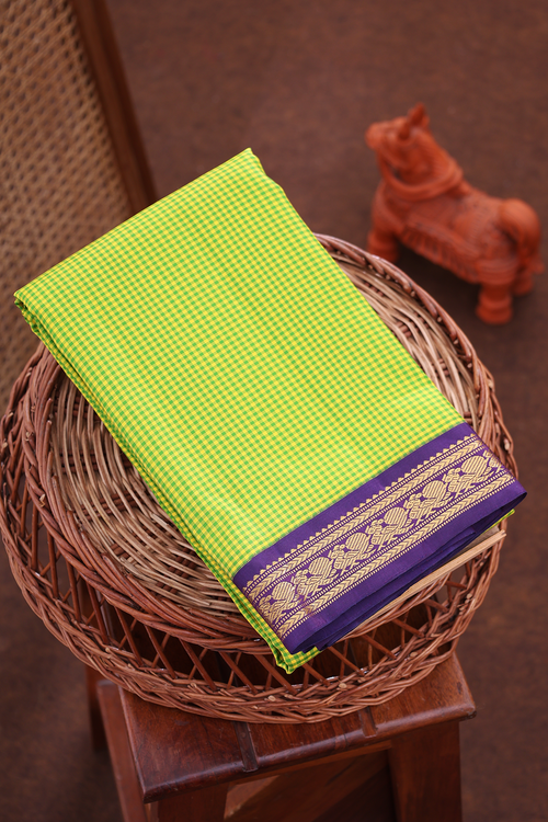 Kanchipuram Silk Saree Green And Yellow With Checks Design