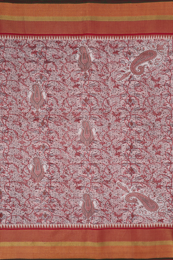 Kanchipuram Silk Saree In Beige And Red With Printed Design