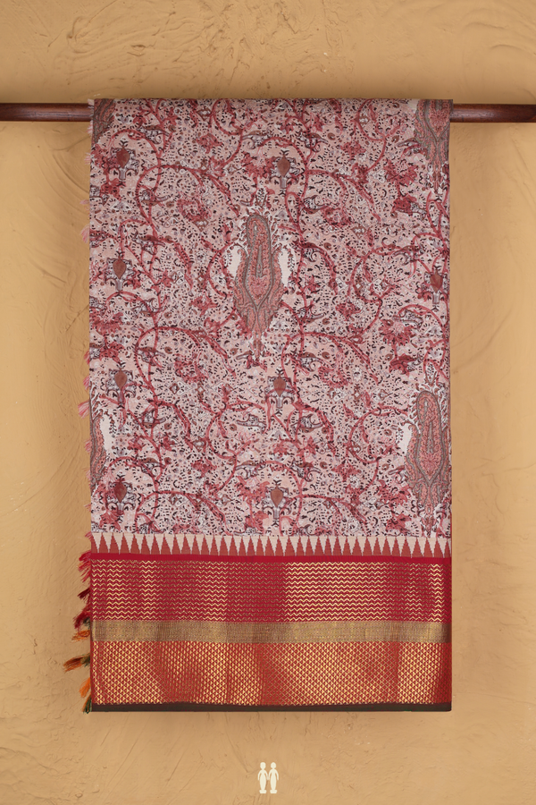 Kanchipuram Silk Saree In Beige And Red With Printed Design