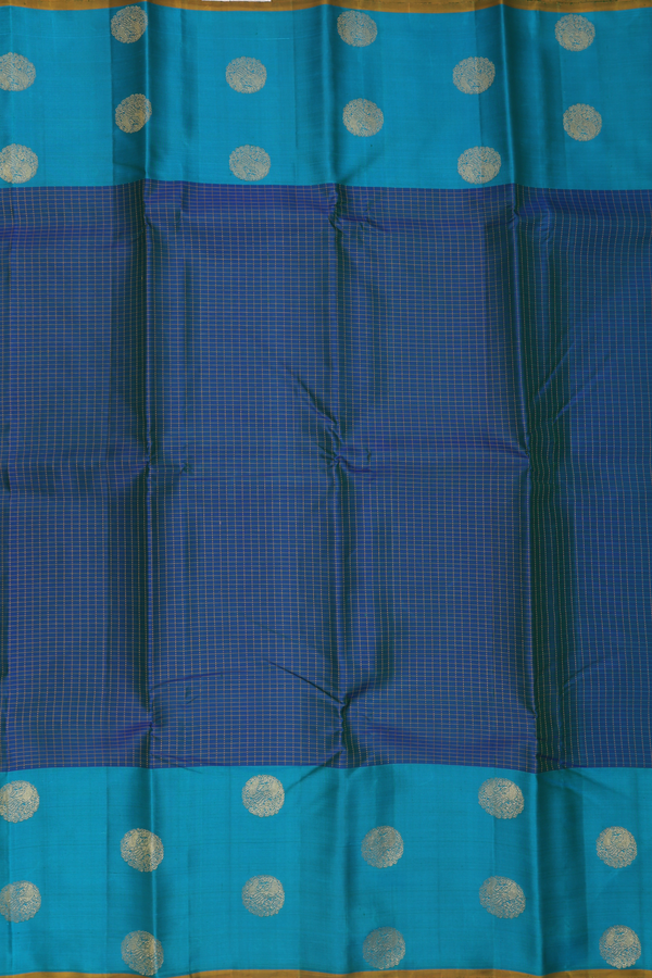 Kanchipuram Silk Saree In Prussian Blue With Checks Design