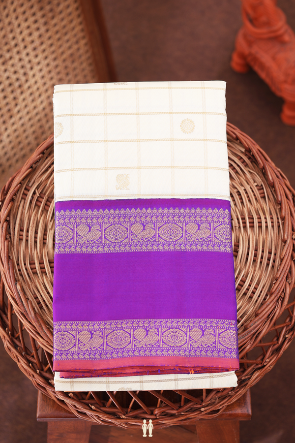 Kanchipuram Silk Saree In Beige With Checks Design