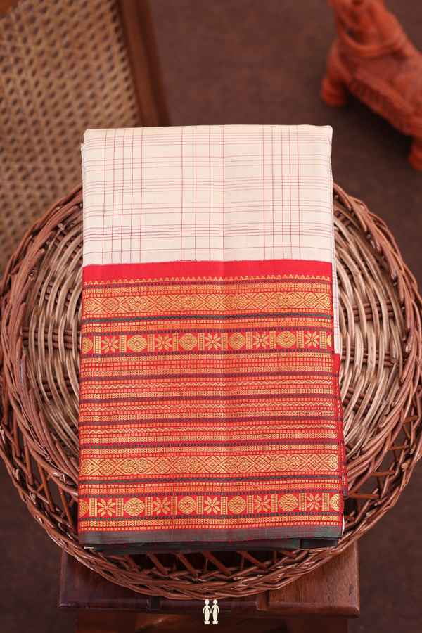 Kanchipuram Silk Saree In Beige With Checks Design