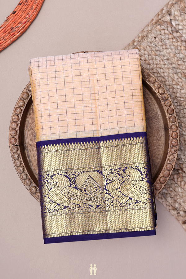 Kanchipuram Silk Saree In Beige With Checks Design