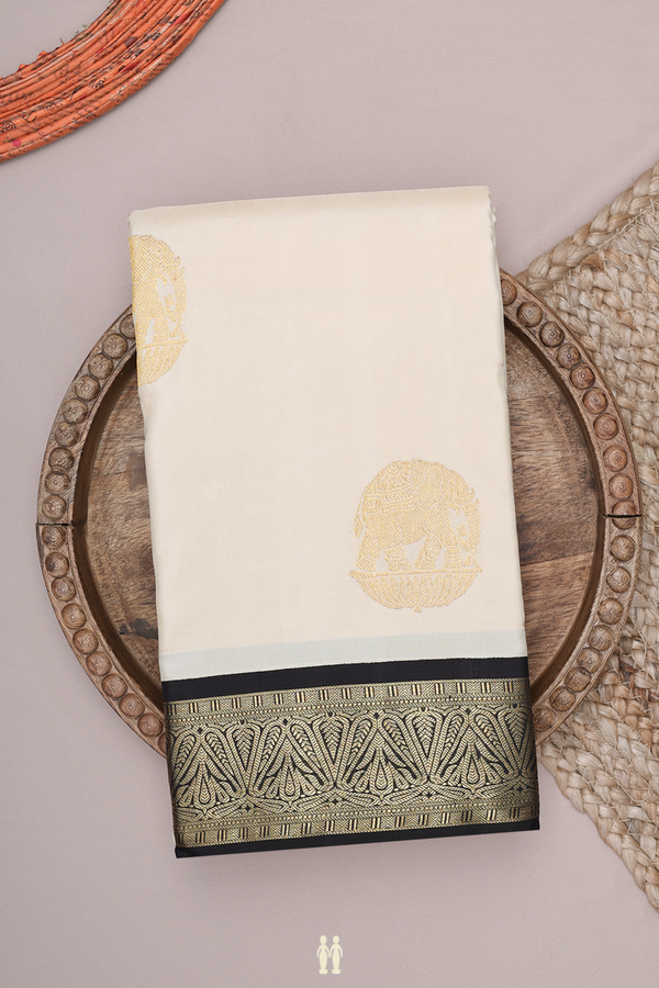 Kanchipuram Silk Saree In Beige With Elephant Motifs