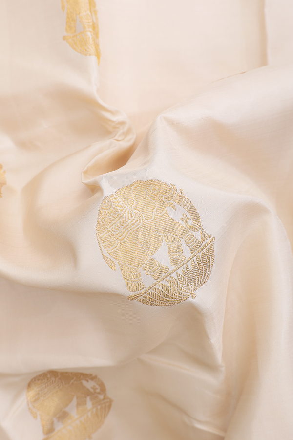 Kanchipuram Silk Saree In Beige With Elephant Motifs