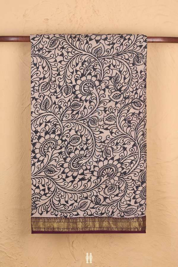 Kanchipuram Silk Saree In Beige With Floral Hand Painted