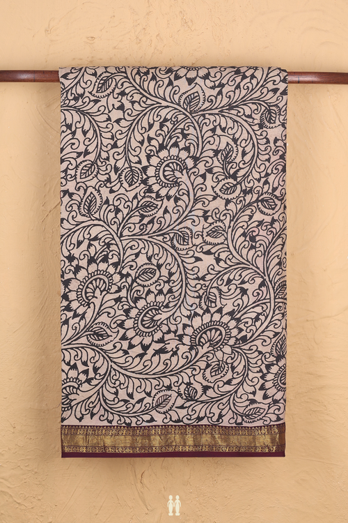 Kanchipuram Silk Saree In Beige With Floral Hand Painted