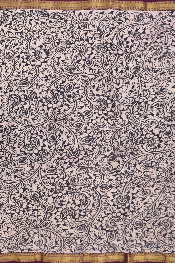 Kanchipuram Silk Saree In Beige With Floral Hand Painted