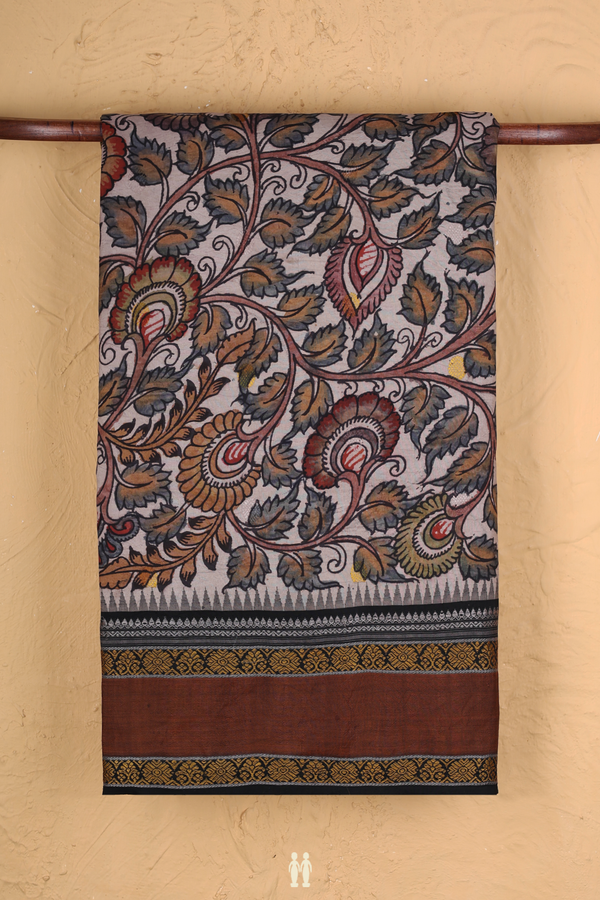 Kanchipuram Silk Saree In Beige With Hand Painted Design