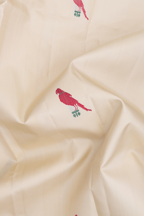 Kanchipuram Silk Saree In Beige With Parrot Buttas