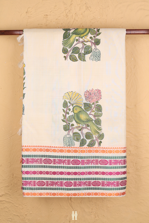 Kanchipuram Silk Saree In Beige With Parrot Hand Painted