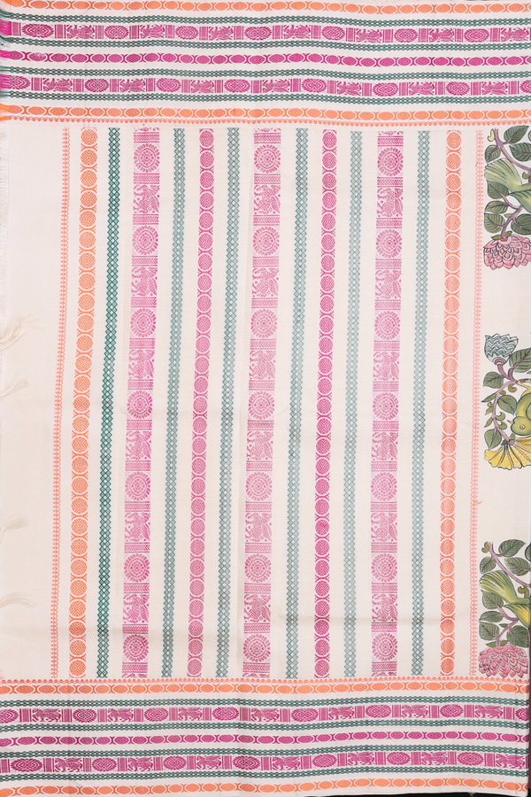 Kanchipuram Silk Saree In Beige With Parrot Hand Painted