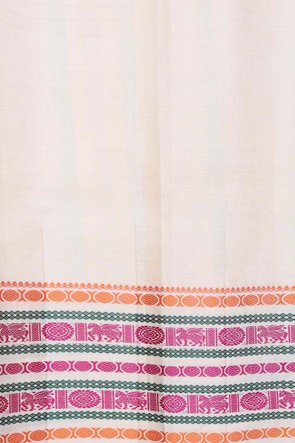 Kanchipuram Silk Saree In Beige With Parrot Hand Painted