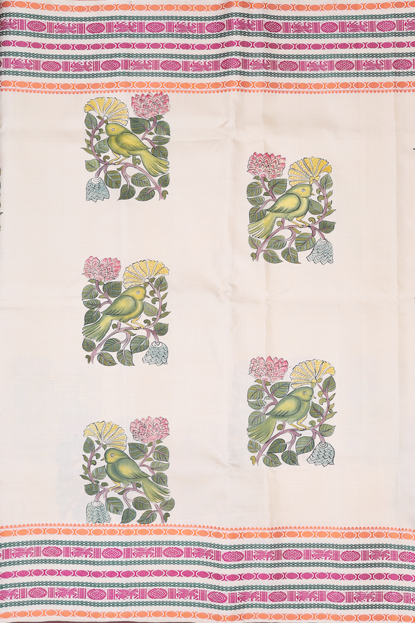 Kanchipuram Silk Saree In Beige With Parrot Hand Painted