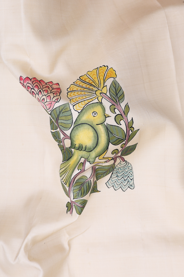 Kanchipuram Silk Saree In Beige With Parrot Hand Painted
