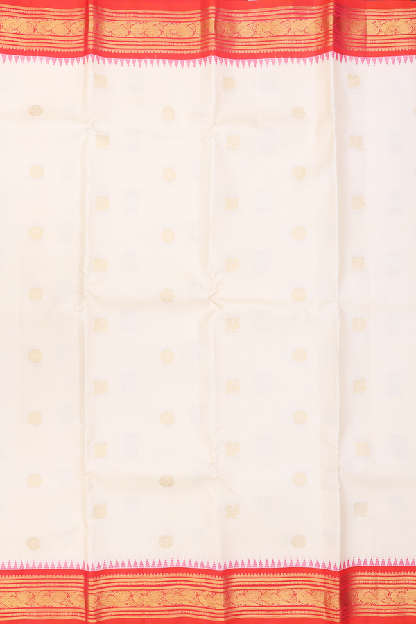 Kanchipuram Silk Saree In Beige With Peacock Buttas