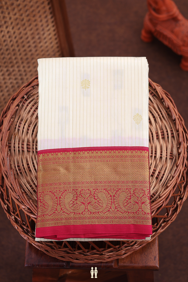 Kanchipuram Silk Saree In Beige With Stripes Design