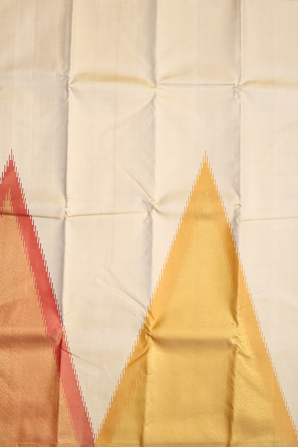 Kanchipuram Silk Saree In Beige With Temple Design