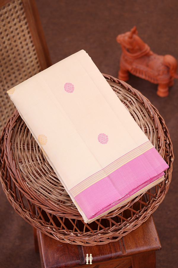 Kanchipuram Silk Saree In Beige With Threadwork Buttas
