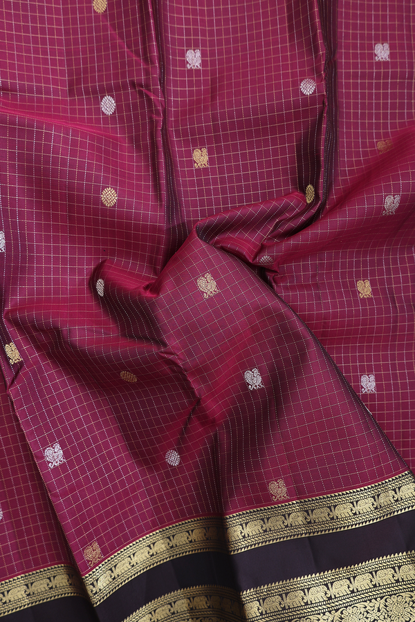 Kanchipuram Silk Saree In Berry Purple With Checks Design