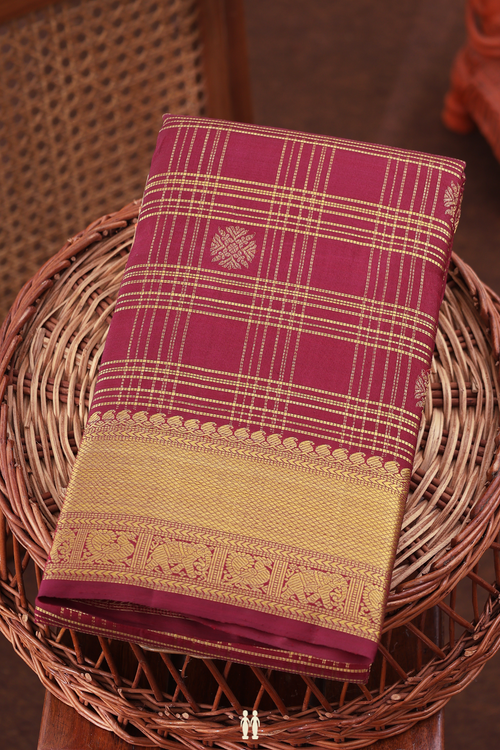 Kanchipuram Silk Saree In Berry Red Along Checks With Buttas