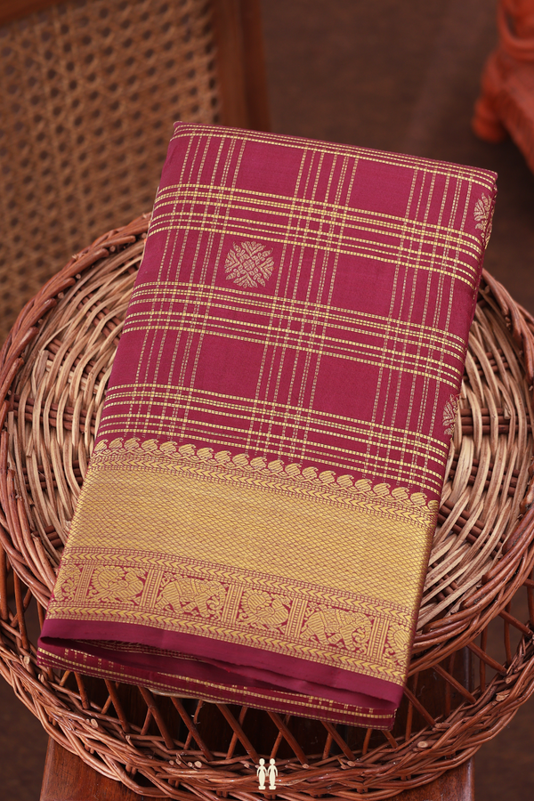 Kanchipuram Silk Saree In Berry Red Along Checks With Buttas