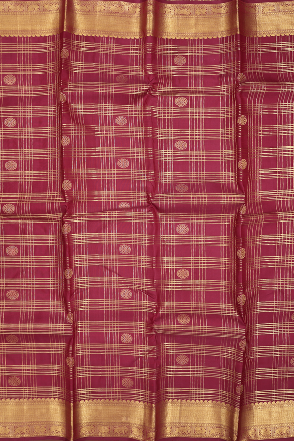 Kanchipuram Silk Saree In Berry Red Along Checks With Buttas