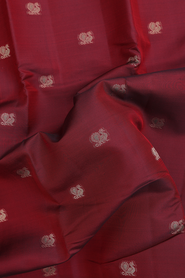 Kanchipuram Silk Saree In Berry Red With Peacock Buttas