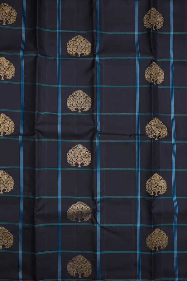 Kanchipuram Silk Saree In Black Along Checks With Motifs