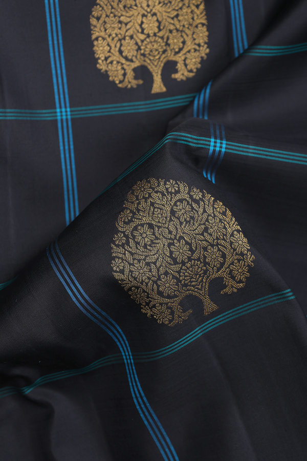 Kanchipuram Silk Saree In Black Along Checks With Motifs