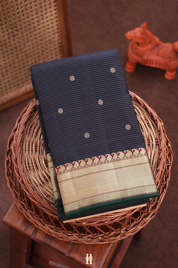 Kanchipuram Silk Saree In Black Along Stripes With Buttas