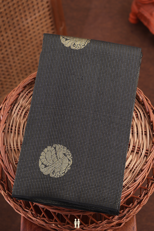 Kanchipuram Silk Saree In Black Along Stripes With Buttas