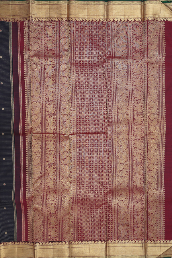 Kanchipuram Silk Saree In Black Along Stripes With Buttas