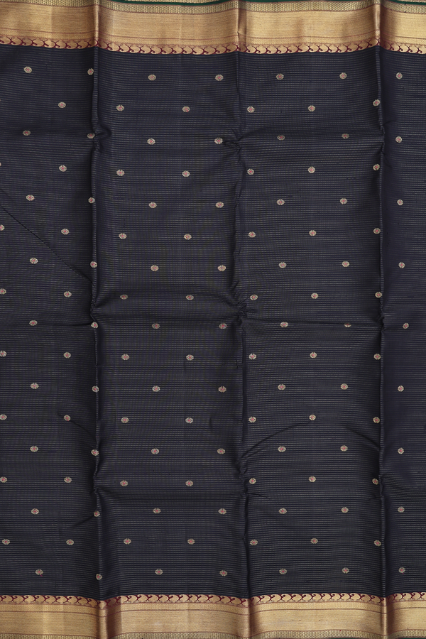Kanchipuram Silk Saree In Black Along Stripes With Buttas