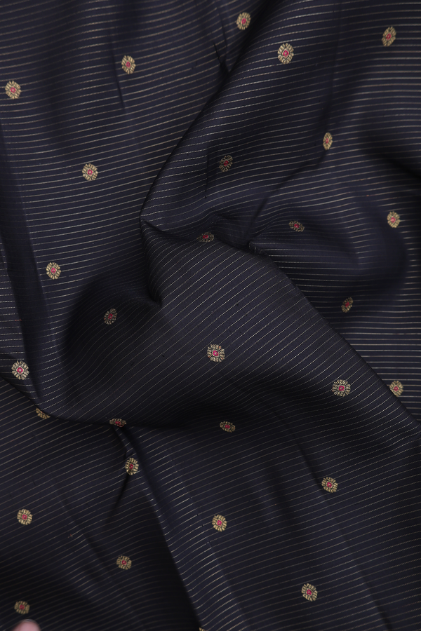 Kanchipuram Silk Saree In Black Along Stripes With Buttas