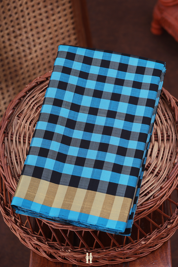 Kanchipuram Silk Saree In Black And Blue With Checks Design