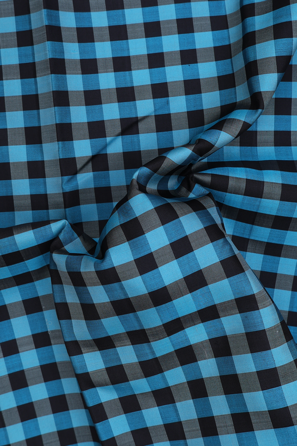 Kanchipuram Silk Saree In Black And Blue With Checks Design